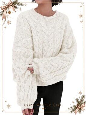 Cable Knit Crewneck Oversized Long Sleeve Pullover Sweater